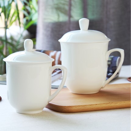 纯白色简约杯子商务会议杯办公杯陶瓷骨瓷泡茶杯创意带盖水杯定制